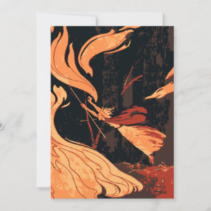 Invitación Halloween vintage, Bruja malvada con fuego en un b