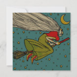 Invitación Halloween vintage, bruja malvada volando sobre el