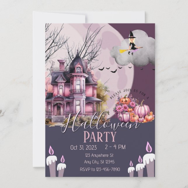 Invitación Halloween Vintage Casa Gótica Rosa (Anverso)