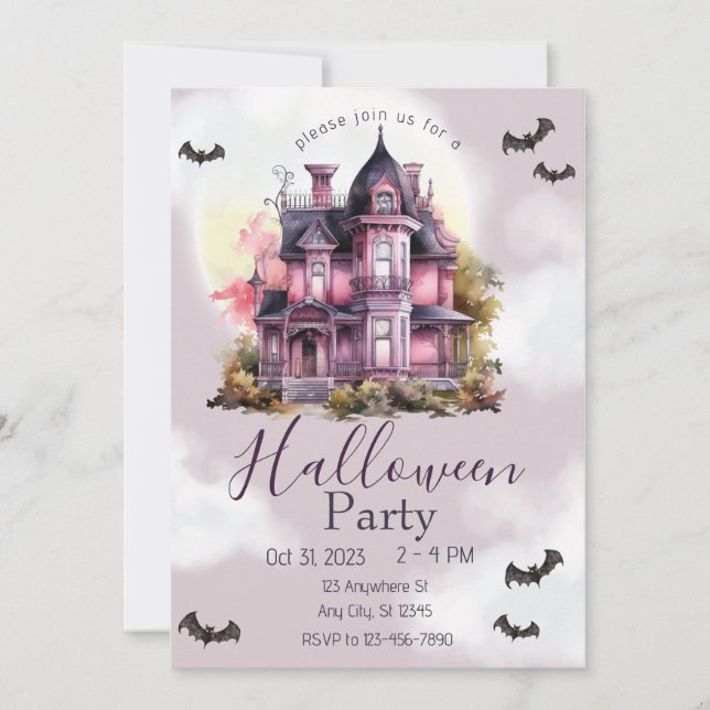 Invitación Halloween Vintage Casa Gótica Rosa (Anverso)