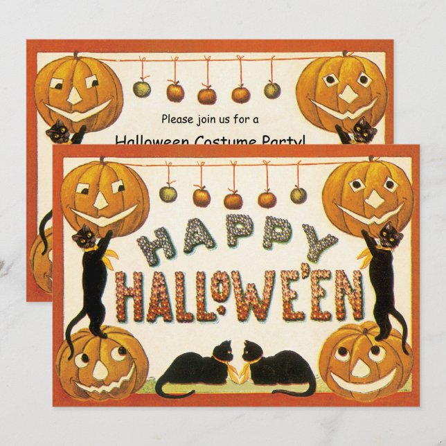 Invitación Halloween vintage, gatos negros con farolas (Anverso / Reverso)