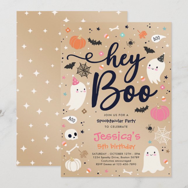 Invitación Halloween Vintage Ghost Pink Birday Spooktacular (Anverso / Reverso)