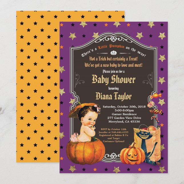 Invitación Halloween vintage nena ducha oro púrpura (Anverso / Reverso)