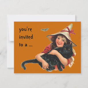 Invitación Halloween vintage, niña bruja con gato negro