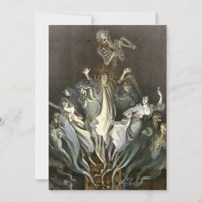 Invitación Halloween vintage, violinista del esqueleto y fant (Anverso)