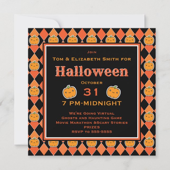 Invitación Halloween virtual Kawaii Jack-o-lantern Argyle (Anverso)