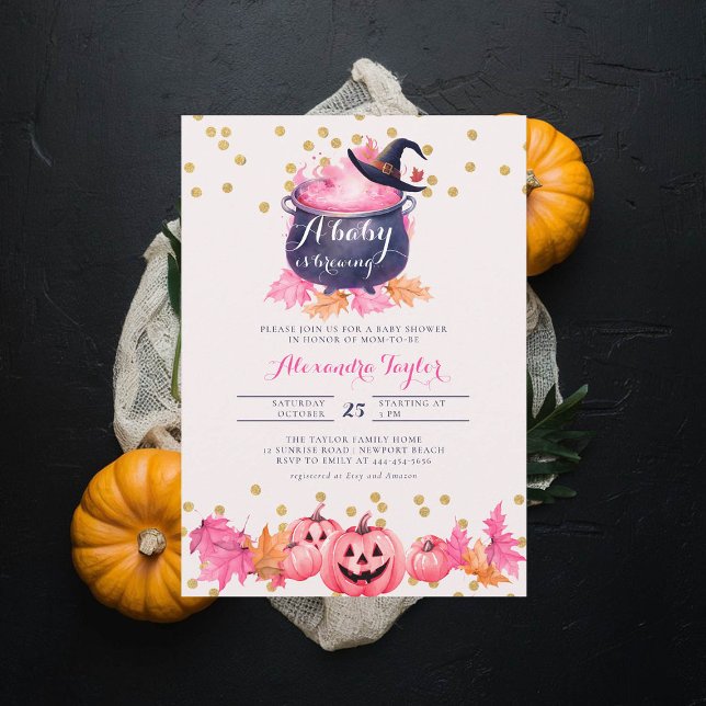 Invitación Halloween Wall Fall Rubor Pink Baby Shower (halloween baby shower witch cauldron pumpkin invitation october novermber fall leaves pink blush)