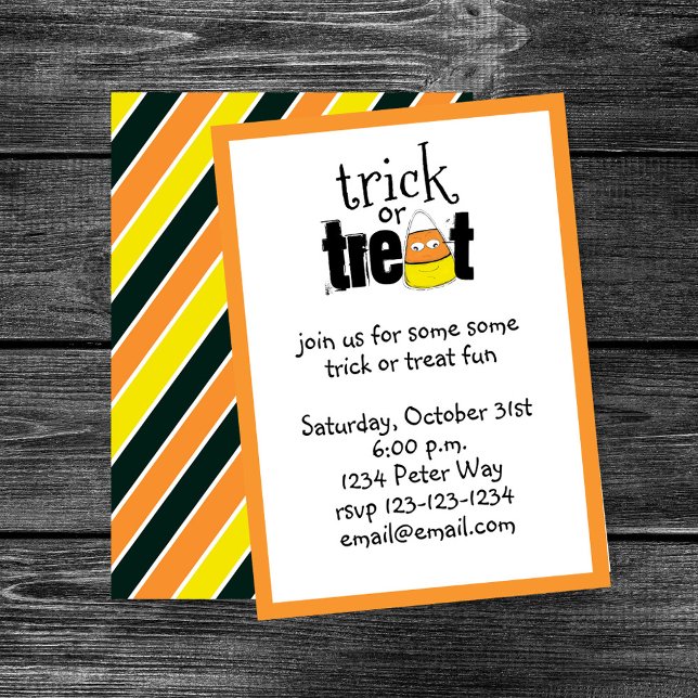 Invitación Halloween Whimsical Candy Corn Trick O Trek (Cute candy corn trick or treat Halloween party design with orange border and white panel.)