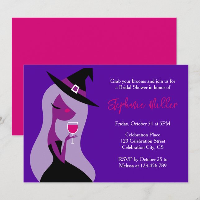 Invitación Halloween Witch Bridal Shower Wine Pink Purple (Anverso / Reverso)