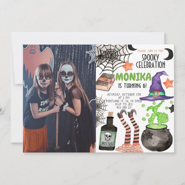 Invitación Halloween Witch Cauldron Chicas Kids Cumpleaños (Anverso)