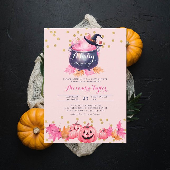 Invitación Halloween Witch Cute Fall Pink Baby Shower (halloween baby shower witch cauldron pumpkin invitation october novermber fall leaves pink purple)
