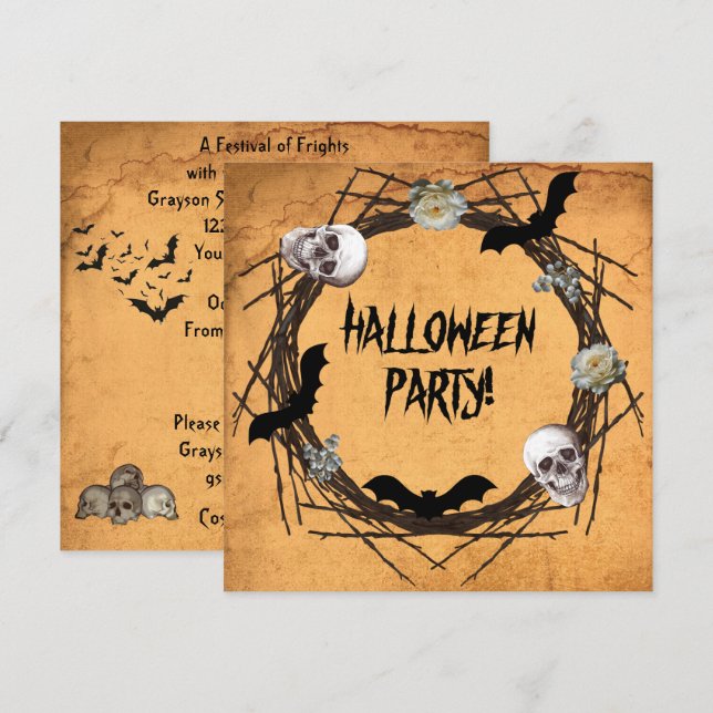 Invitación Halloween Wreath sobre el fondo común (Anverso / Reverso)