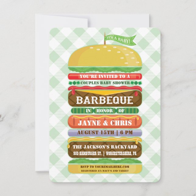 Invitación Hamburguesa apilada Sexo Neutral Baby Shower BBQ (Anverso)