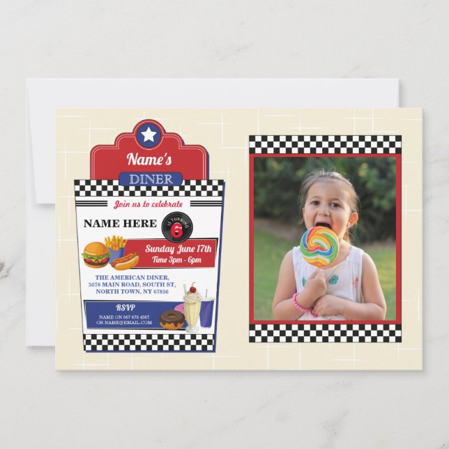 Invitación Hamburguesa de Cumpleaños en Diner Americano Foto  (Anverso)