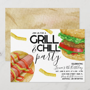 Invitación Hamburguesa de parrilla de acuarela, papas fritas,