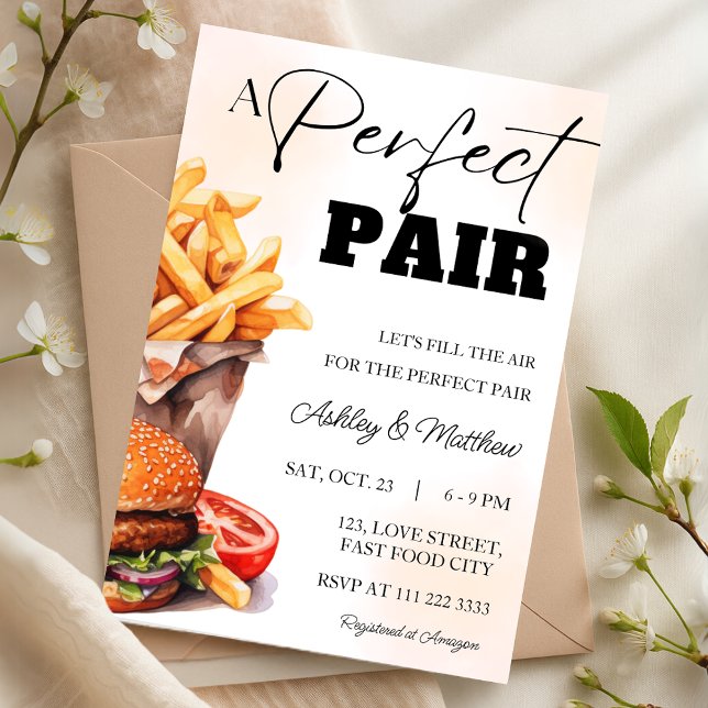 Invitación Hamburguesa Perfect Pair y Aseo de Pareja para Duc (Perfect Pair Burger and Fries Couple Coed Shower Invitation)