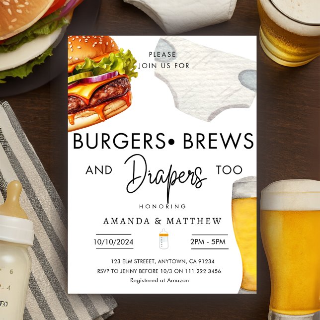 Invitación Hamburguesas, Ropa de Diapers Baby Shower Pareja C (Burgers Brews Diapers Casual Couple Baby Shower Invitation)