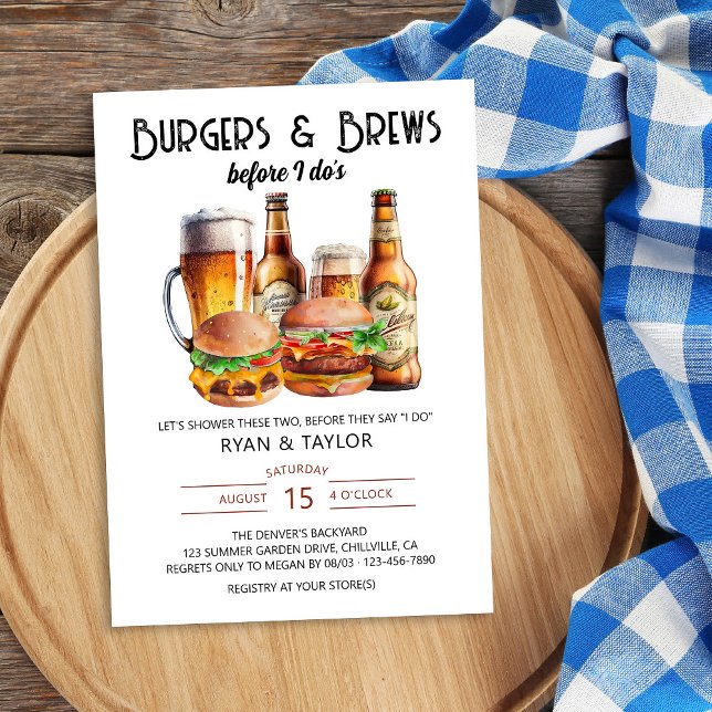 Invitación Hamburguesas y cosecha Verano BBQ Wedding Ducha (Burgers & Brews before I do shower invitation with beer and burgers)