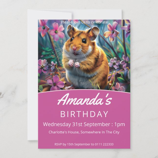 Invitación Hámster entre las flores rosadas Fiesta de cumplea (Anverso)