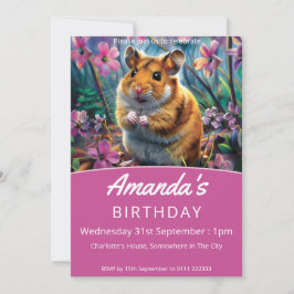 Invitación Hámster entre las flores rosadas Fiesta de cumplea
