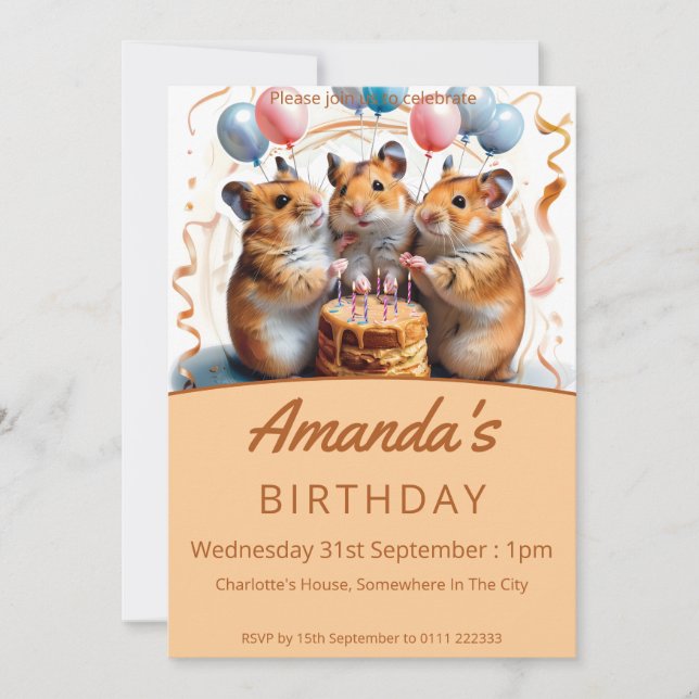 Invitación Hamsters Birthday Party (Anverso)