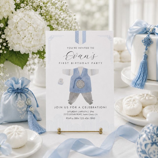 Invitación Hanbok azul de Doljanchi para el primer cumpleaños (Subido por el creador)