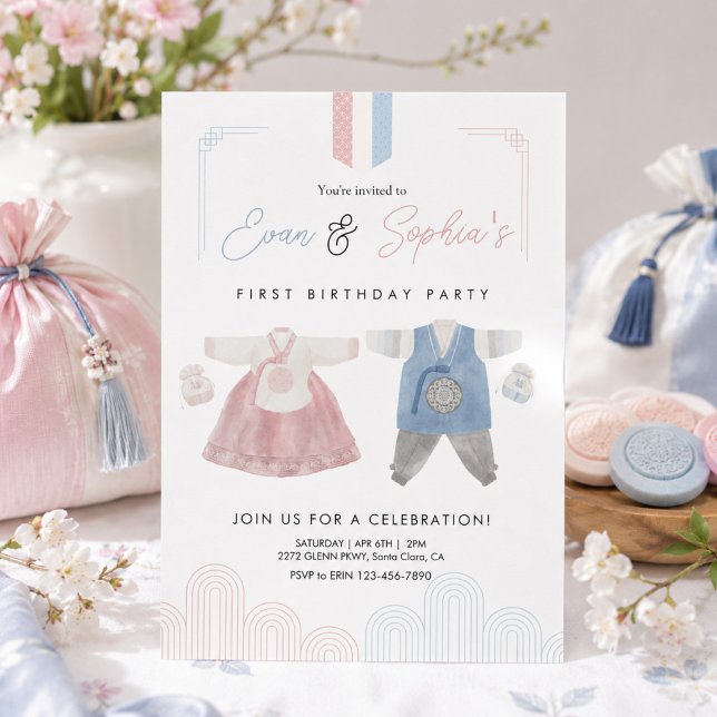 Invitación Hanbok Coreano Rosa Azul Doljanchi Primer Cumpleañ (Subido por el creador)