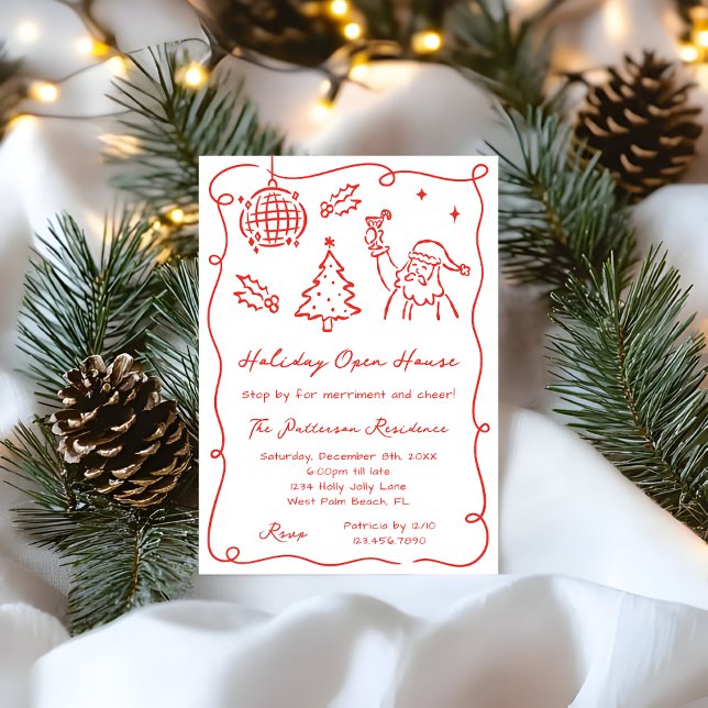 Invitación Hand Dawn Whimsical Red Funky Christmas Open House (Subido por el creador)