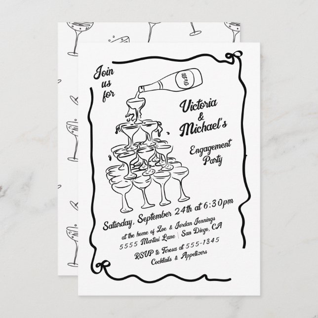 Invitación Hand Drake Champagne Stack Engagement Party (Anverso / Reverso)