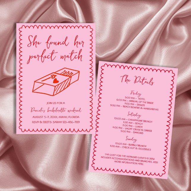 Invitación Hand Drake Perfect Match Pink Bachelorette Weekend (Hand Drawn Perfect Match Pink Bachelorette Weekend Invitation)