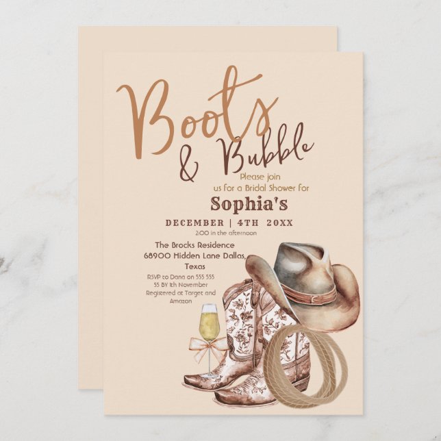 Invitación Hand Draw Boots and Bubbly Bridal Shower (Anverso / Reverso)