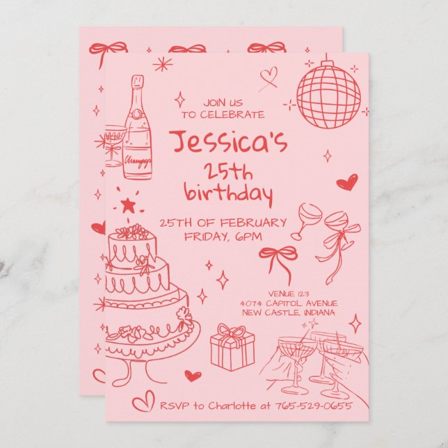Invitación Hand Drawn Adult Handwritten Scribble Birthday  (Anverso / Reverso)