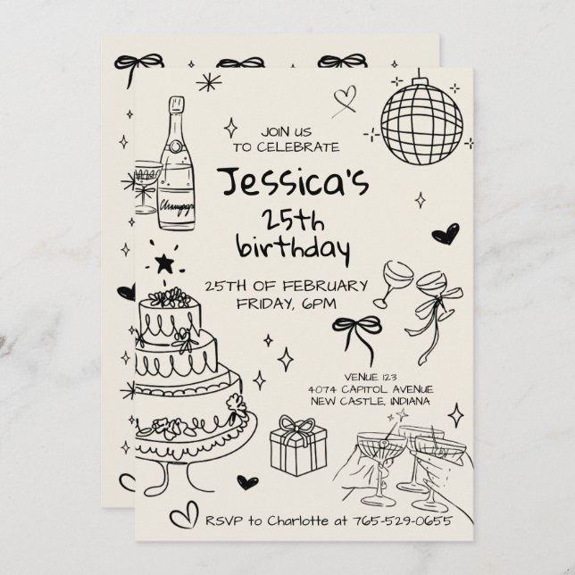 Invitación Hand Drawn Adult Handwritten Scribble Birthday  (Anverso / Reverso)