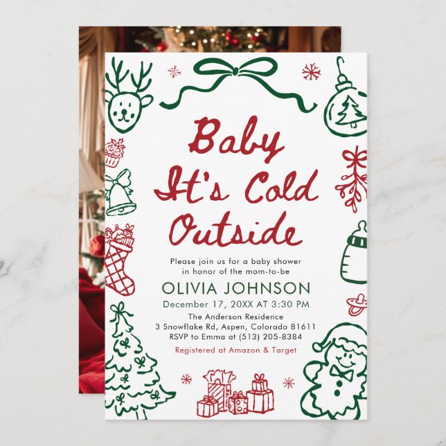 Invitación Hand Drawn Baby It's Cold Outside Baby Shower (Anverso / Reverso)