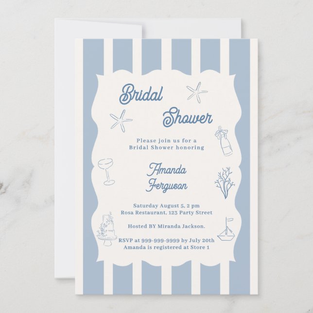 Invitación Hand drawn beach dusty blue ivory Bridal Shower (Anverso)