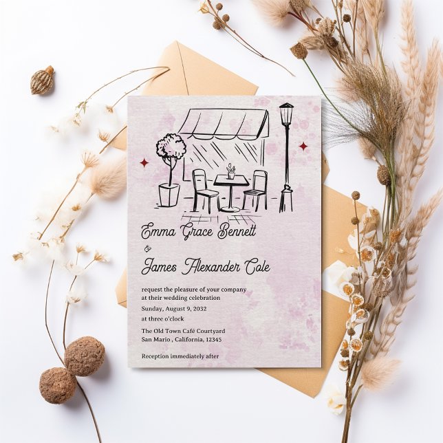 Invitación Hand-Drawn Bistro Café Courtyard Wedding (Hand-Drawn Bistro Café Courtyard Wedding Invitation)