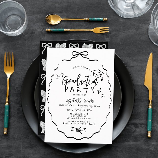 Invitación Hand-drawn Black Bow Cap Diploma Graduation Party (Subido por el creador)