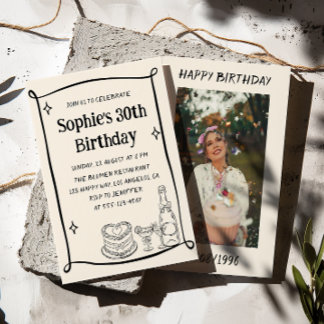 Invitación Hand Drawn Black & Cream 30TH Birthday Photo