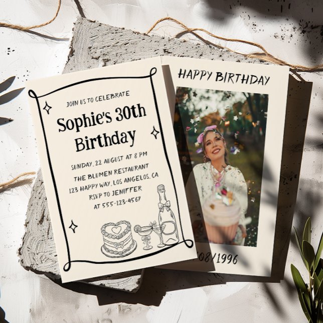 Invitación Hand Drawn Black & Cream 30TH Birthday Photo  (Subido por el creador)