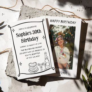 Invitación Hand Drawn Black & White 30TH Birthday Photo