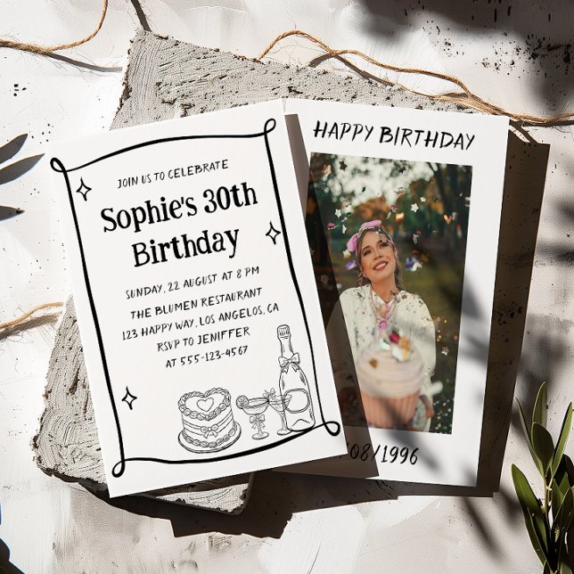 Invitación Hand Drawn Black & White 30TH Birthday Photo  (Subido por el creador)