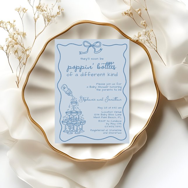 Invitación Hand Drawn Blue Bottle Champagne Tower Baby Shower (Subido por el creador)