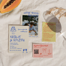 Invitación Hand Drawn Blue Cake Bows Funky Unique Wedding