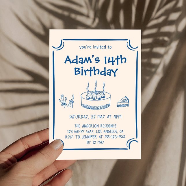 Invitación Hand-Drawn Blue Line Art Kids Birthday Party (Subido por el creador)