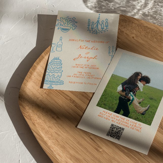 Invitación Hand Drawn Blue Orange Photo QR Code Wedding (Subido por el creador)