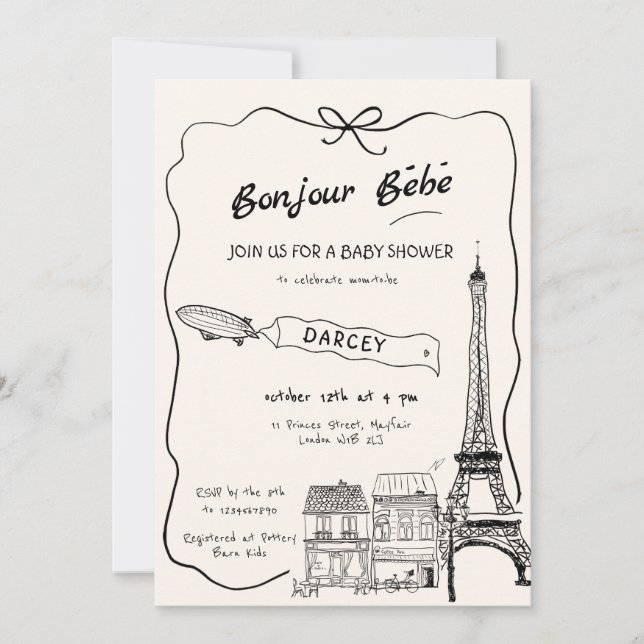 Invitación Hand Drawn Bonjour Bebe Baby Shower francés (Anverso)