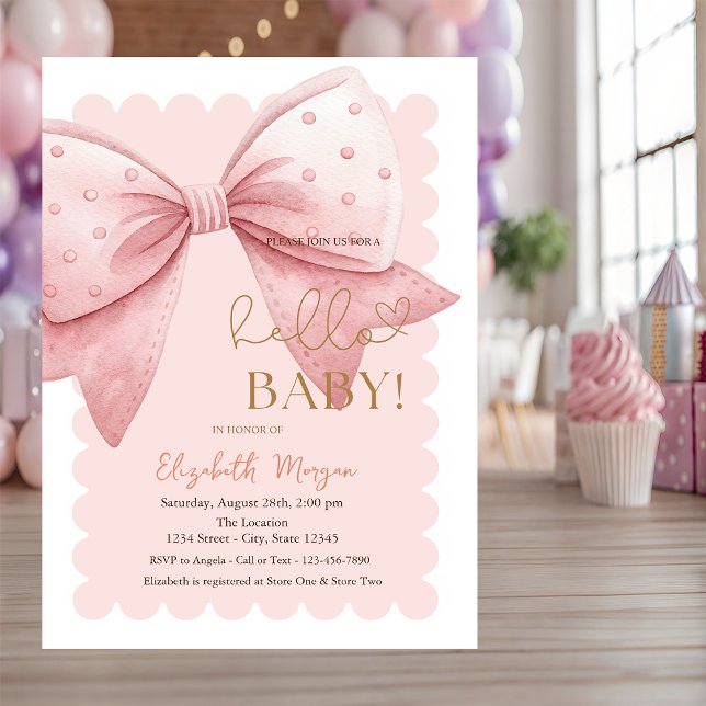 Invitación  Hand Drawn Bow Dots Frame Pink Baby Shower (Subido por el creador)
