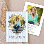 Invitación Hand Drawn Bow Photo Graduation Party Invitation<br><div class="desc">This modern graduation party invitation highlights an oval photo framed by a simple black border and finished with a charming hand-drawn bow. The design is set against a backdrop of soft light blue vertical stripes, creating a fresh and classic look. The backside offers space for a second photo and custom...</div>