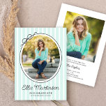 Invitación Hand Drawn Bow Photo Graduation Party Invitation<br><div class="desc">This modern graduation party invitation highlights an oval photo framed by a simple black border and finished with a charming hand-drawn bow. The design is set against a backdrop of soft light green vertical stripes, creating a fresh and classic look. The backside offers space for a second photo and custom...</div>