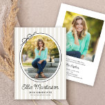 Invitación Hand Drawn Bow Photo Graduation Party Invitation<br><div class="desc">This modern graduation party invitation highlights an oval photo framed by a simple black border and finished with a charming hand-drawn bow. The design is set against a backdrop of soft light tan vertical stripes, creating a fresh and classic look. The backside offers space for a second photo and custom...</div>